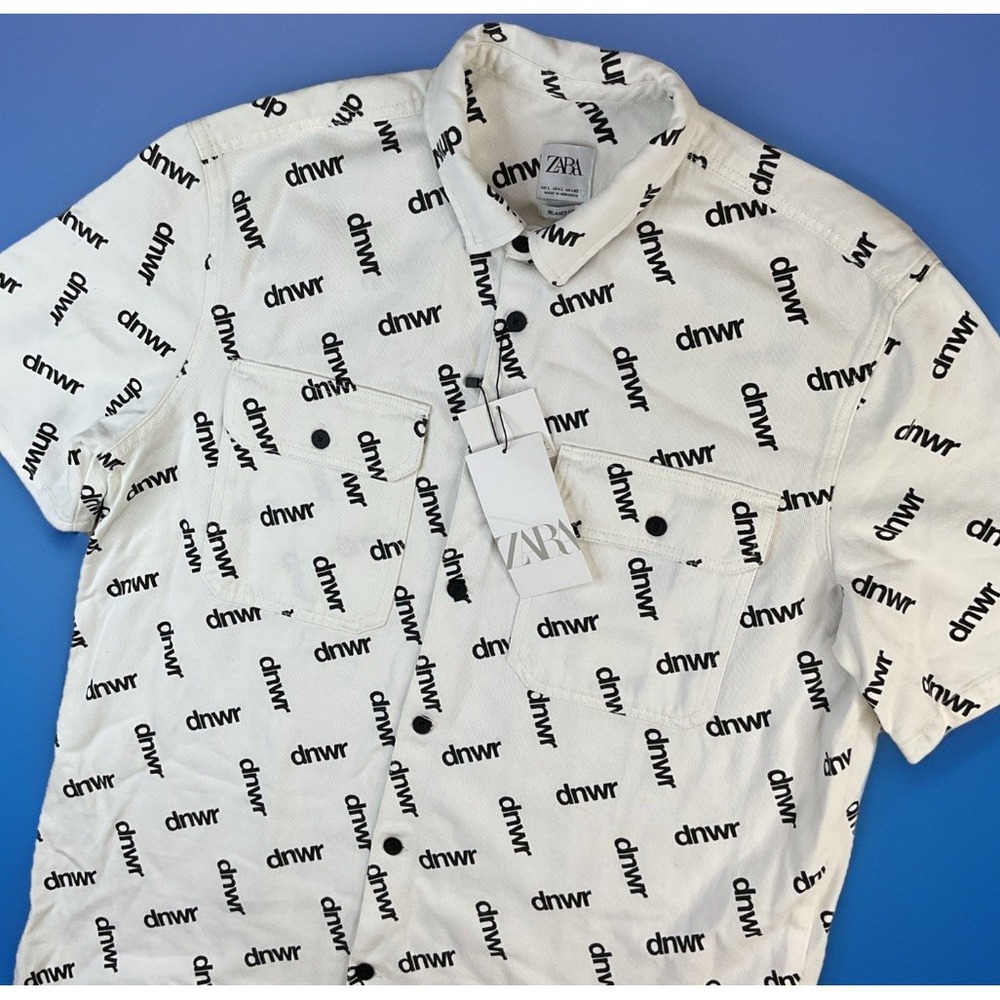 Zara Man DNWR Denim Shirt Mens Sz L Oyster White All Over Print Relaxed NWT